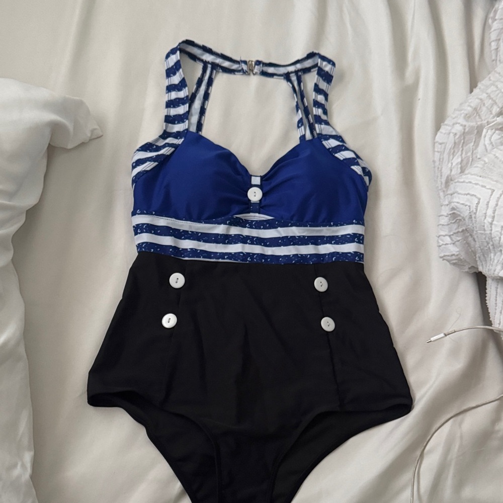Women’s Navy Blue & Black Nautical One-Piece Swimsuit